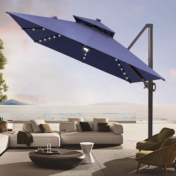 CLOUDFLY 13 ft. x 10 ft. Cantilever Patio Umbrella with Solar LED Lights  360 Rotation Double Top Outdoor Offset Umbrella in Navy 86PUNAV