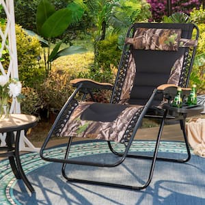Black and Camouflage Metal Oversized Padded Folding Zero Gravity Chair with Cup Holder Outdoor Patio Adjustable Recliner