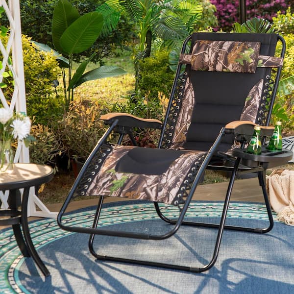 PHI VILLA Black and Camouflage Metal Oversized Padded Folding Zero Gravity Chair with Cup Holder Outdoor Patio Adjustable Recliner