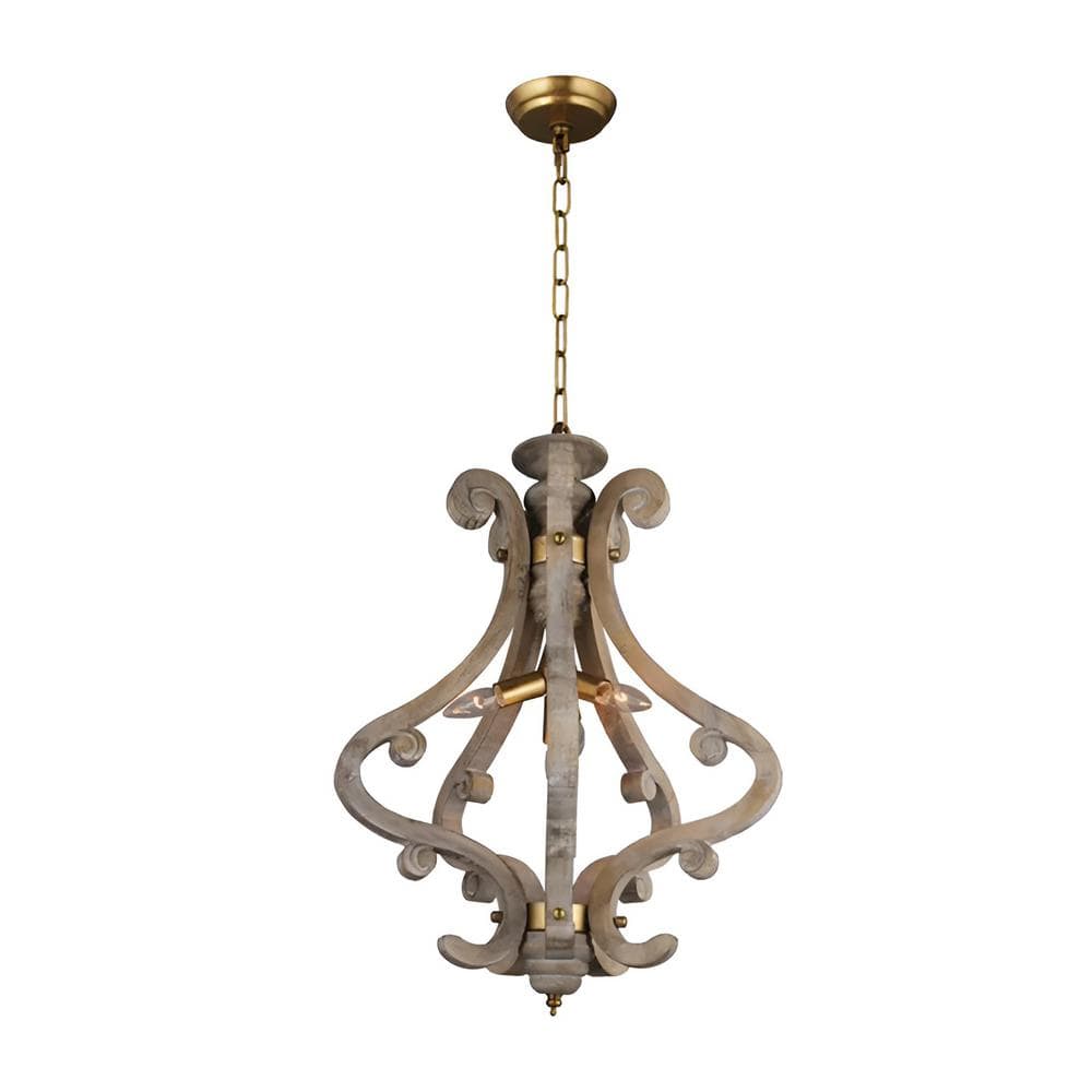 Rehkop 240-Watt 4-Light Gold and Wood Pendant Light with brown wood Shade, 