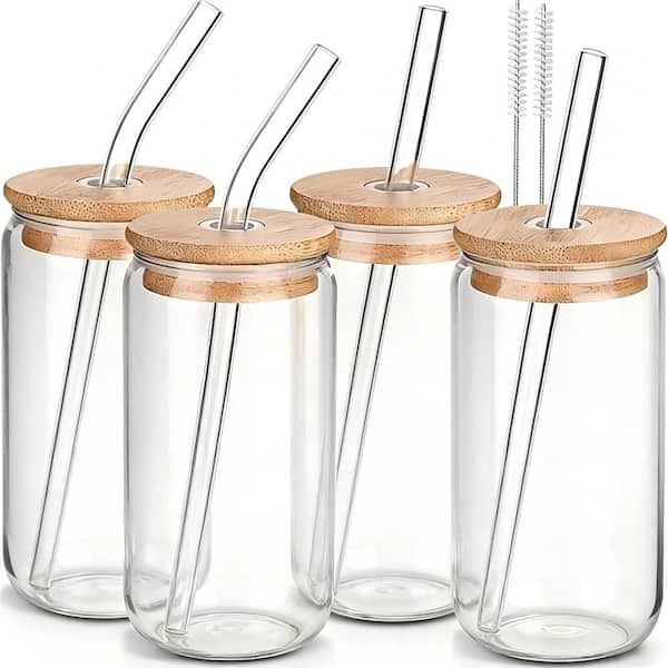 Modern 16 oz. BPA-Free Dishwasher Safe Transparent Glass Coffee Cups, Iced Coffee Cups with Lids, Reusable for Gifts