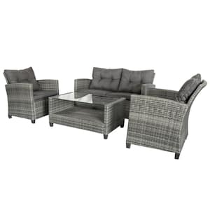 Grey 4-Piece Iron Plastic Rattan Patio Furniture Set with Dark Grey Cushions, 2-Single Chairs, Double Sofa and Tea Table