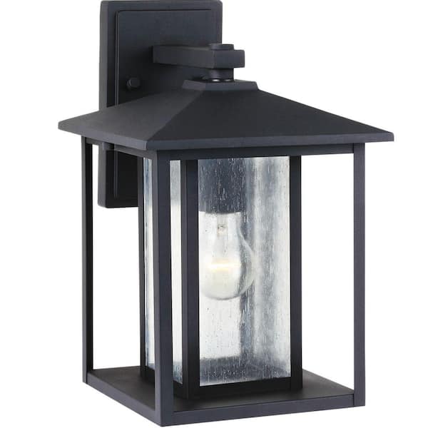 Generation Lighting Hunnington 14 in. H 1-Light Outdoor Black Wall Lantern Sconce with Clear Seeded Glass Panels