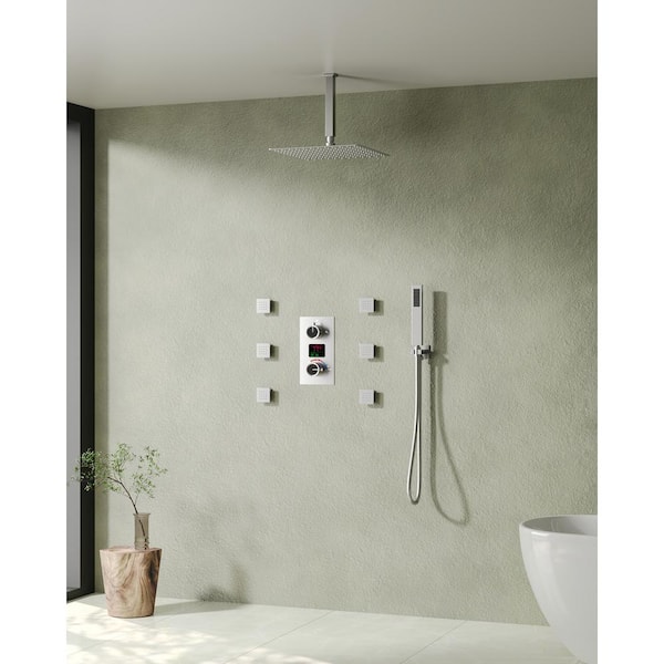 EVERSTEIN LCD Double Handle 3-Spray 12 in. Ceiling Mount Shower Faucet 2.5 GPM with Body Spray in Brushed Nickel