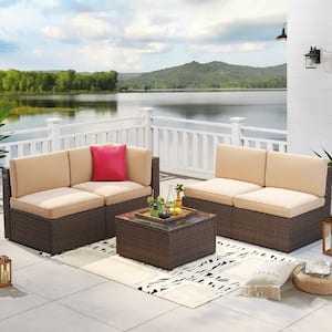 5-Piece Brown Wicker Patio Conversation Set with Cushions Outdoor Sectional Sofa Set with Coffee Table