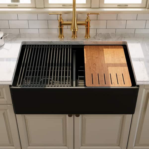 33 in. Fireclay Double Bowl Farmhouse Apron Undermount Workstation Kitchen Sink in Matte Black with Accessories