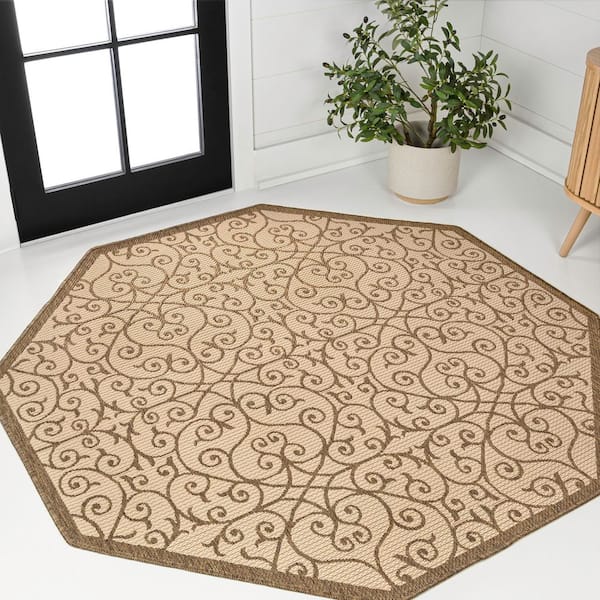 Madrid Vintage Filigree Textured Weave Beige/Brown 5 ft. Octagon Indoor/Outdoor Area Rug