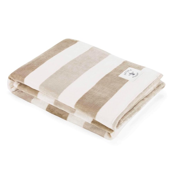 Nautica Awning Stripe 1-Piece Tan Ultra Soft Plush Microfiber Throw Blanket