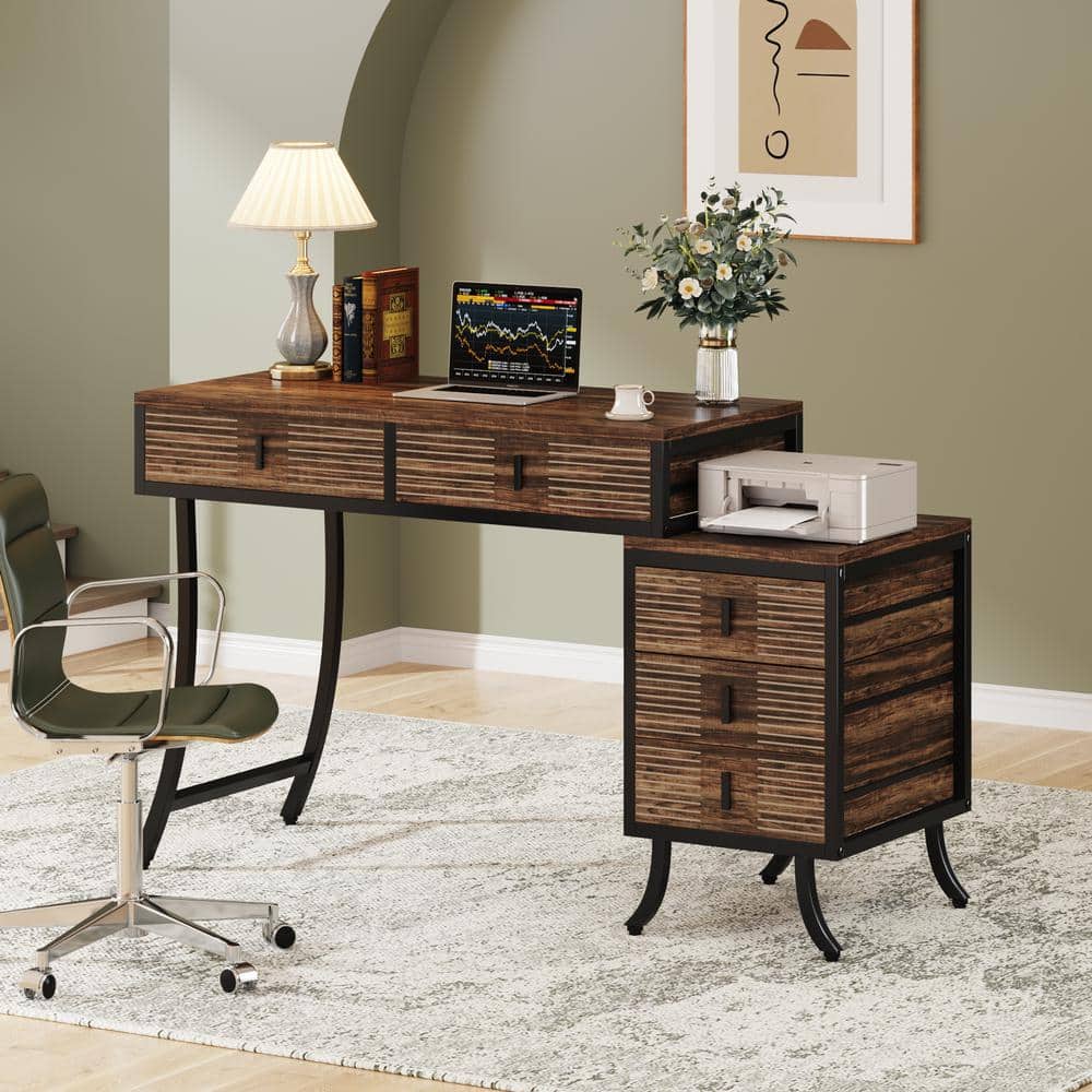 Industrial Brown Wood 55" Computer Desk with 5 Drawers