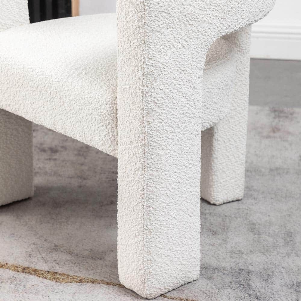 Cream Boucle Upholstered Barrel Accent Chair with Wood Frame