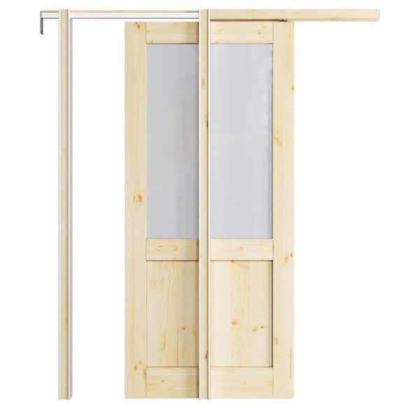 ARK DESIGN 36 in. x 80 in. 1/2-Lite Frosted Glass Unfinished Door Solid Core Pine Pocket Door Frame and Hardware (Soft Close Incl)