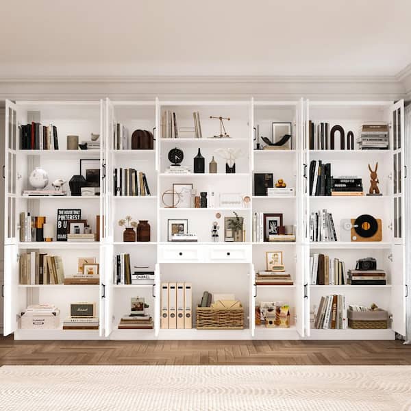 FUFU&GAGA 126 in. Luxurious Wall Wide White Wooden 25 Shelves