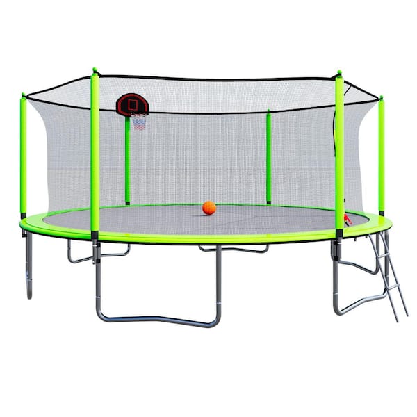 Unbranded 15 ft. Outdoor Trampoline with Basketball Hoop, Enclosure Net, Ladder for Kids & Adults for Garden and Yard, Green