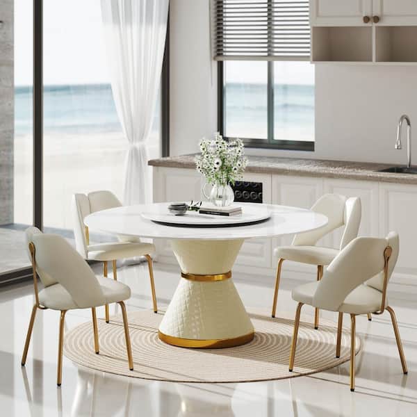 59.05 in. Rotable Round Lazy Susan Sintered Stone Tabletop with Pedestal PU Leather Base Kitchen Dining Table (8-Seats)