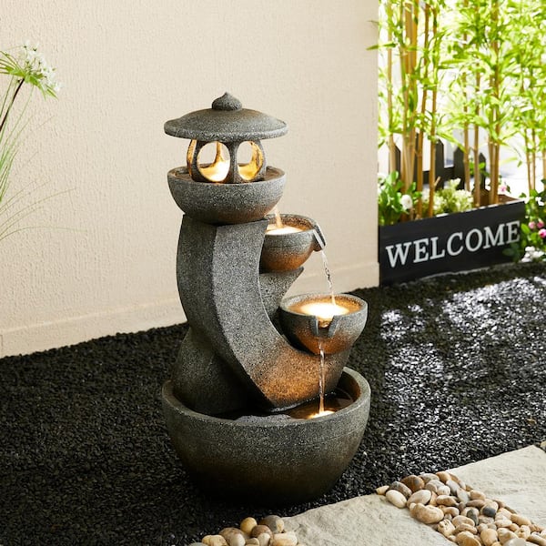 Glitzhome 32 in. H Outdoor 4-Tiered Pagoda Polyresin Water Floor