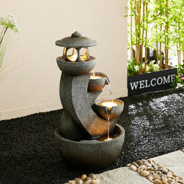 Glitzhome 32 in. H Outdoor 4-Tiered Pagoda Polyresin Water