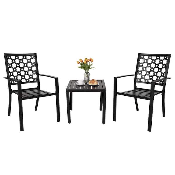Sudzendf 3-Piece Black Metal Patio Outdoor Bistro Set, Square Bistro Side/End Table and Stackable Patio Dining Chairs