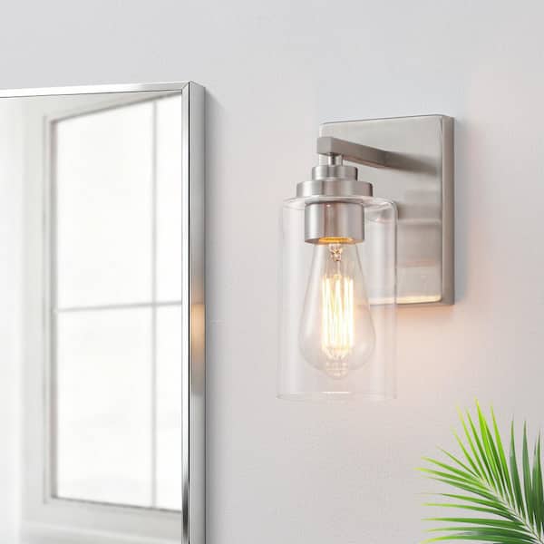 1-Light Plated Brushed Nickel Wall Sconce with Clear Glass Shade