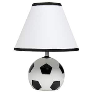 11.5 in. Black and White Soccer Ball Base Ceramic Bedside Table Desk Lamp with White Empire Fabric Shade with Black Trim