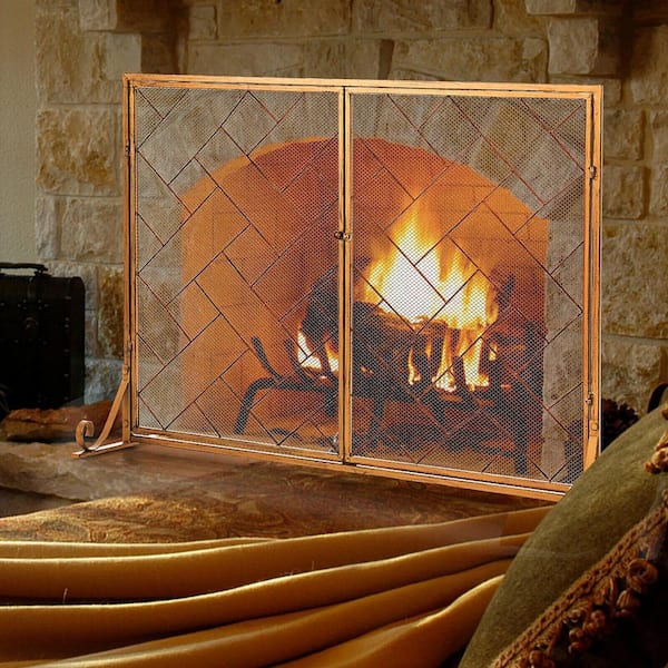 SUNRINX Gold Wrought Iron 2-Panel Fireplace Screen with Doors MG54