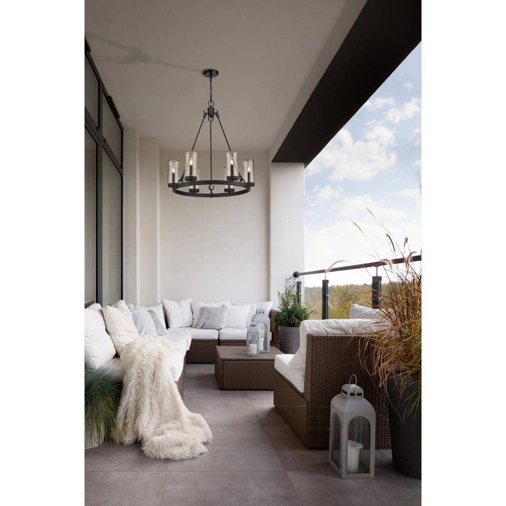 Marlow Matte Black Steel 6-Light Outdoor Pendant with Clear Seedy Glass