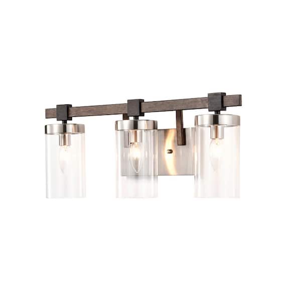 Jojospring Ruby 22.4 in. W 3-Light Satin Nickel and Faux Wood Finish Glass Wall Sconce