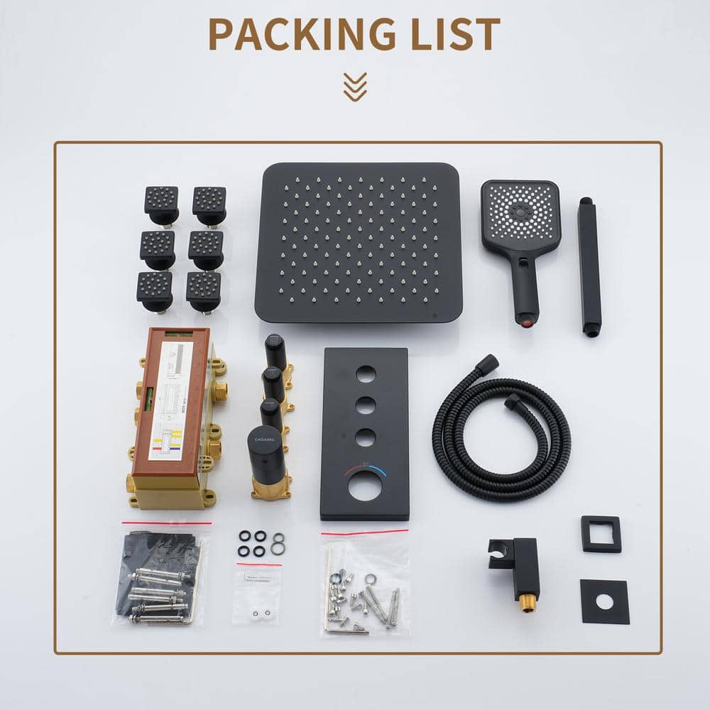 Matte Black Large Square Ceiling Mounted Dual Shower System