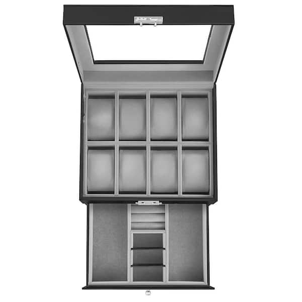 Black PU Leather 8-Slot Watch Box with Glass Lid and Greenish Gray Lining