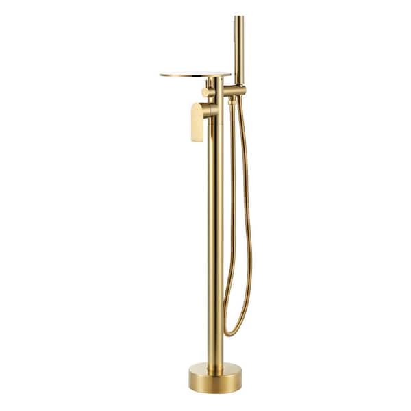 Single-Handle Brass Waterfall Freestanding Tub Faucet with Hand Shower and Shelf for Bathroom in. Brushed Gold