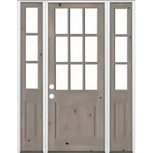 64 in. x 96 in. Knotty Alder 2 Panel Right-Hand/Inswing Clear Glass Grey Stain Wood Prehung Front Door w/Sidelites