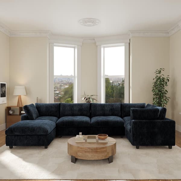 Unbranded 157.48 in. Square Arm Rabbit Velvet Plush L-Shaped Free Combination Sectional Sofa Couch with Ottoman in Black
