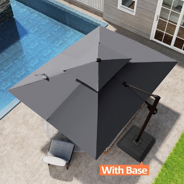 Pellebant 9 ft. x 11.5 ft. Dual Top Aluminum Offset Cantilever Crank-Control Rotation Tilt Patio Umbrella in Dark Gray with Base