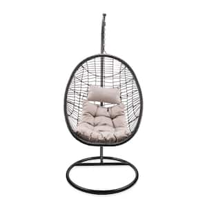 Brown Outdoor Hanging Rattan Outdoor Lounge Chair with Cushions and 78 in. H Metal Stand