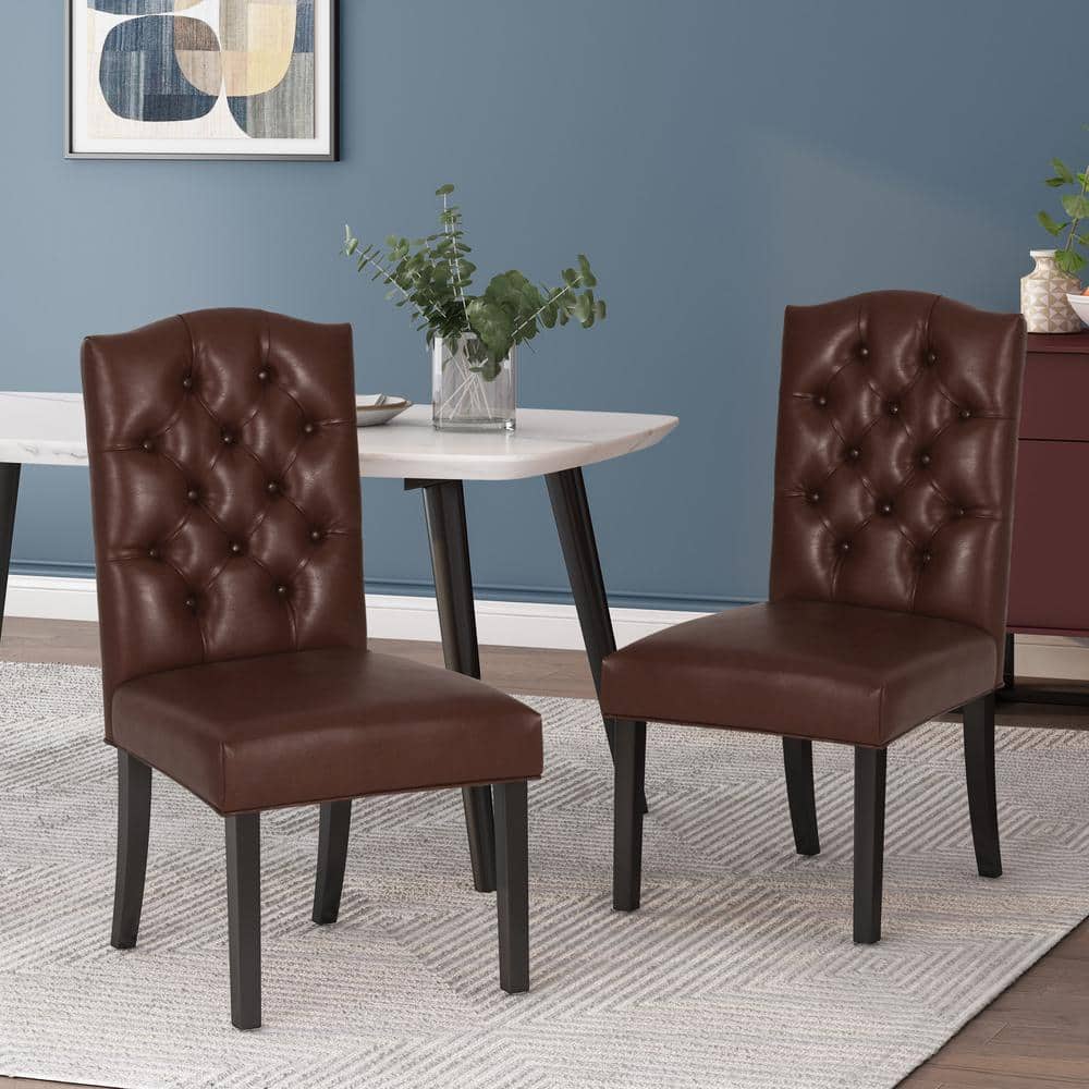 High-Back Dark Brown Faux Leather Upholstered Side Chairs, Set of 2