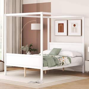 White Wood Frame Queen Size Canopy Bed with Headboard, Footboard and Slat Support Leg