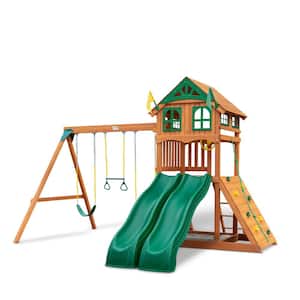 DIY Outing III Wooden Swing Set with Wood Roof, 2 Wave Slides, Sandbox Area, and Playset Accessories