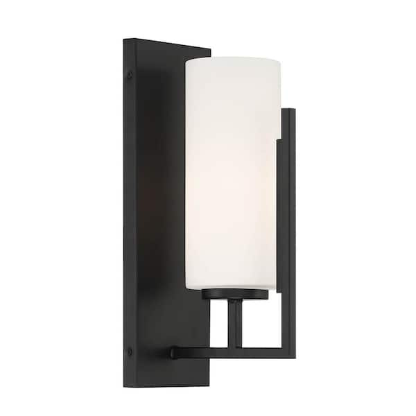Designers Fountain Cambria 4.5 in. 1-Light Matte Black Modern Wall Sconce with Etched Opal Glass Shades