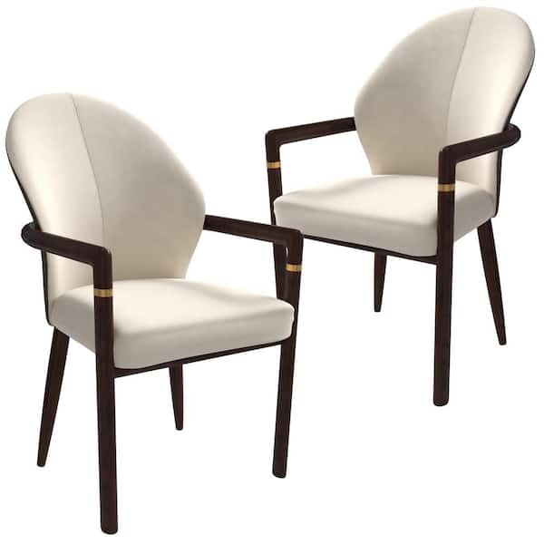 Wooden Dining Chair with Leather Upholstery and Ergonomic Design Opaline Series Set of 2 in Brown/Cream