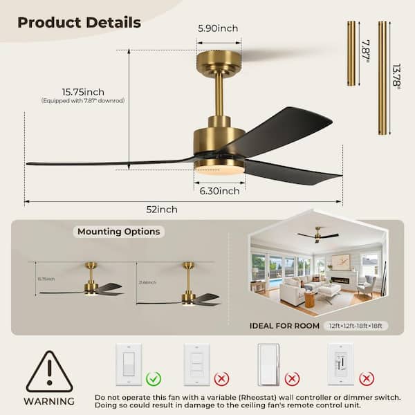 TOZING 52 in. Indoor Matte Black Gold Low Profile Modern LED