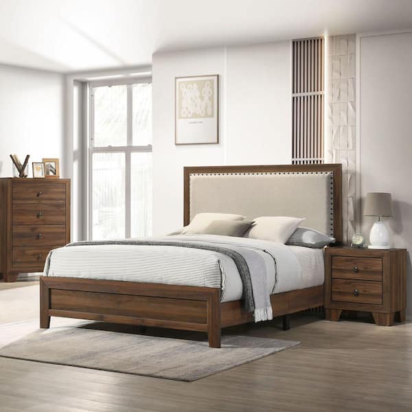 Julia Brown Wood Frame Queen Size Platform Bed with Fabric Upholstered Headboard, Tufted Nailhead Trim, Cherry Finish