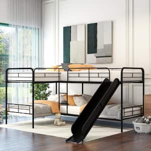 L-Shaped Black Metal Twin Size Bunk Bed with Slide and Built-in Ladder
