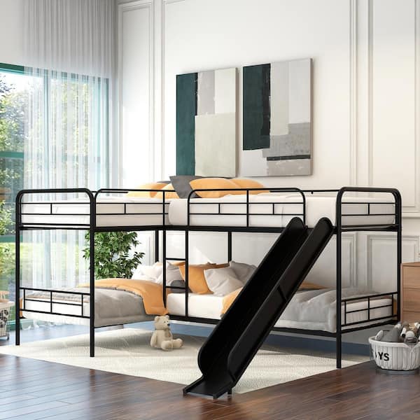 Harper & Bright Designs L-Shaped Black Metal Twin Size Bunk Bed with Slide and Built-in Ladder