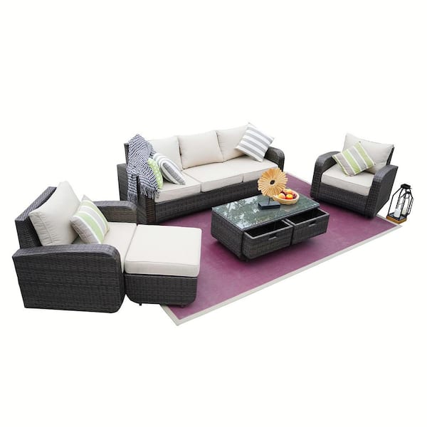 DIRECT WICKER Hermione Brown 5-Piece Wicker Patio Conversation Set with Beige Cushions