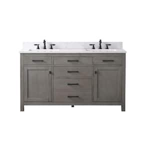 Jasper 60 in. W x 22 in. D Bath Vanity in Textured Gray with Engineered Stone Top in Carrara White with White Sinks