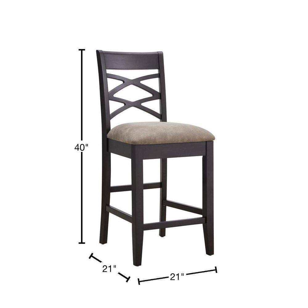 Black Wood Double Crossback Counter Height Stool with Gray Linen Seat