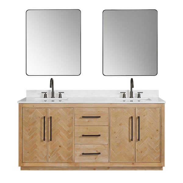 Altair Bellavia 72 in. W x 22 in. D x 34 in. H Double Sink Bath Vanity in Weathered Fir with Grain White Stone Top and Mirror