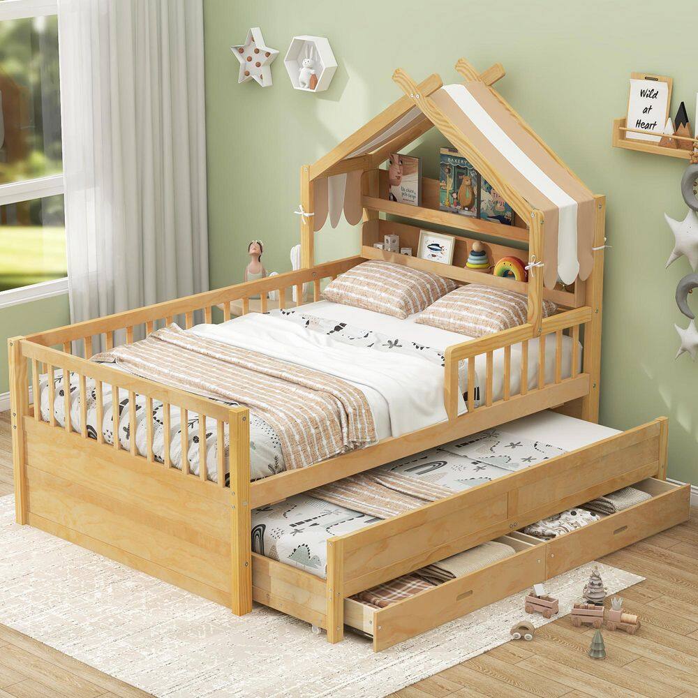 Natural Full Size Wooden House Bed with Roof Canopy, Shelves, Guardrails, Trundle and 2-Storage Drawers price history on PriceWatchPro