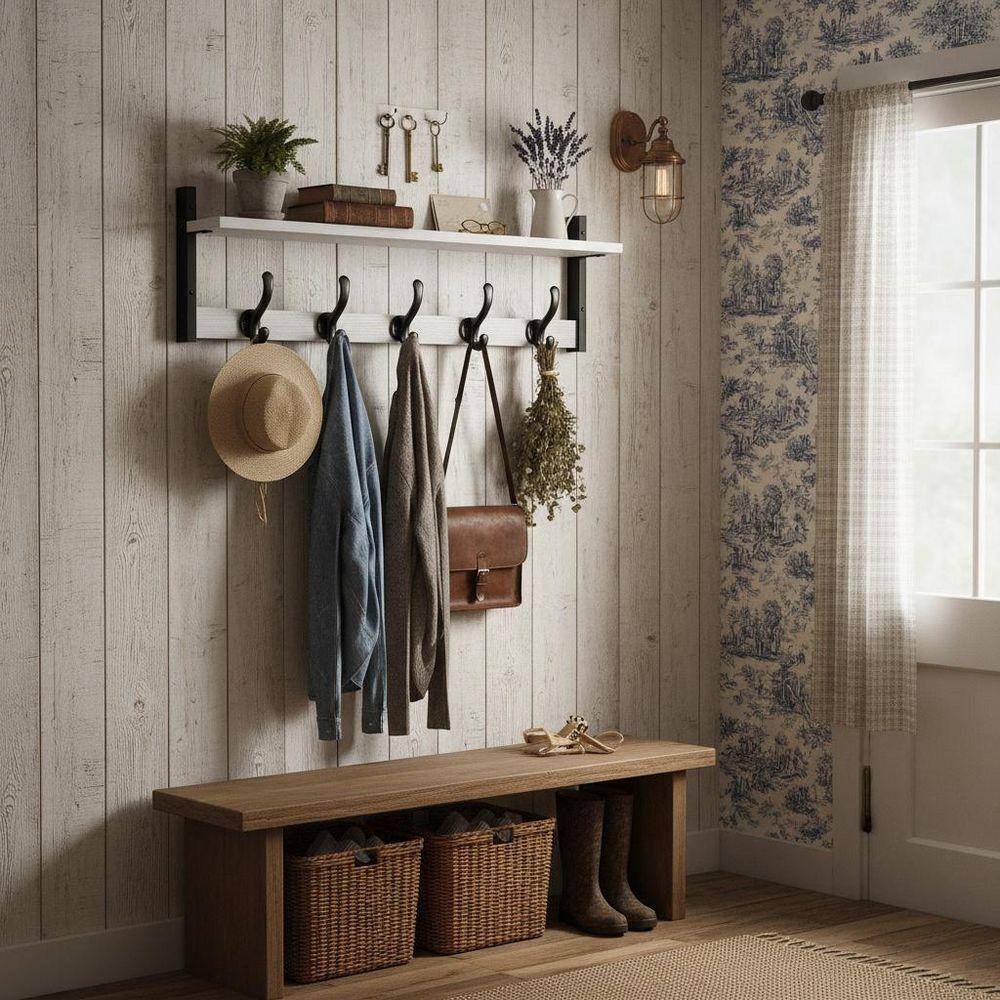 White Wood Wall Mount Coat Rack with Shelf and Hooks LINBQ484