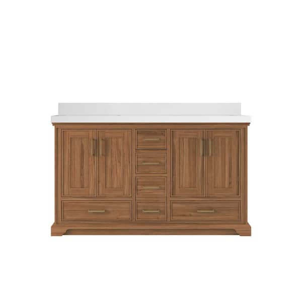 Willow Collections Charlotte Teak 60 in. W x 22 in. D x 36 in. H Double Sink Bath Vanity in Dark Natural with 2 in. White Quartz Top