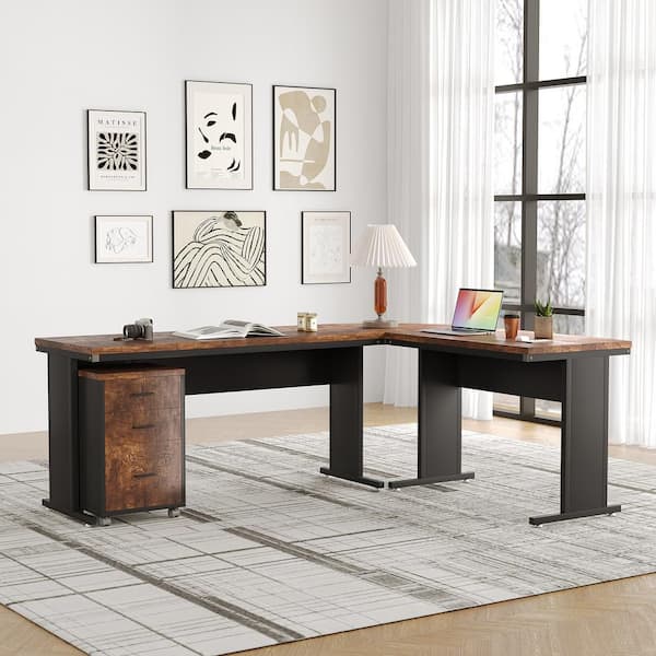 BYBLIGHT Lanita 83 in. L-Shaped Brown Engineered Wood 3-Drawer